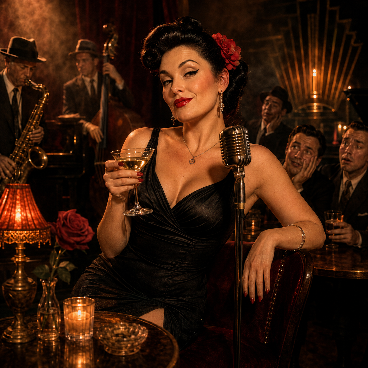 [Glam retro jazz singer holds a martini beside a vintage microphone, in a warm smoky 1940s speakeasy cabaret with live ban...
