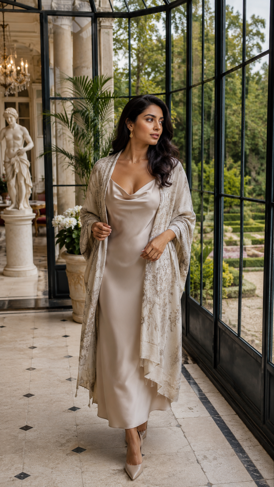 Elegant woman in champagne silk slip dress and embroidered shawl stands in a sunlit luxury glass conservatory.