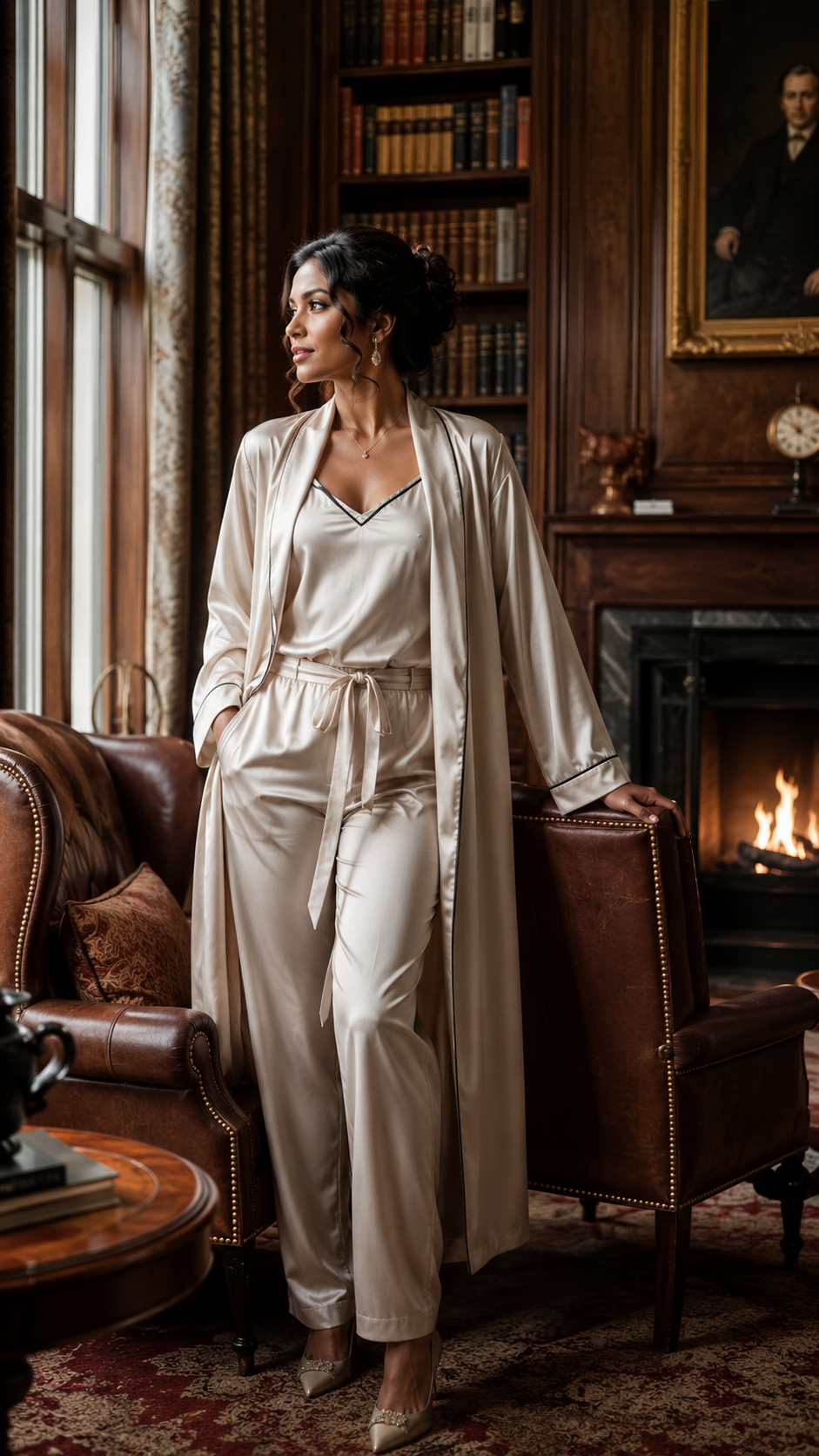 Poised elegant woman in cream satin loungewear stands in a vintage wood-paneled library next to a leather armchair by a li...