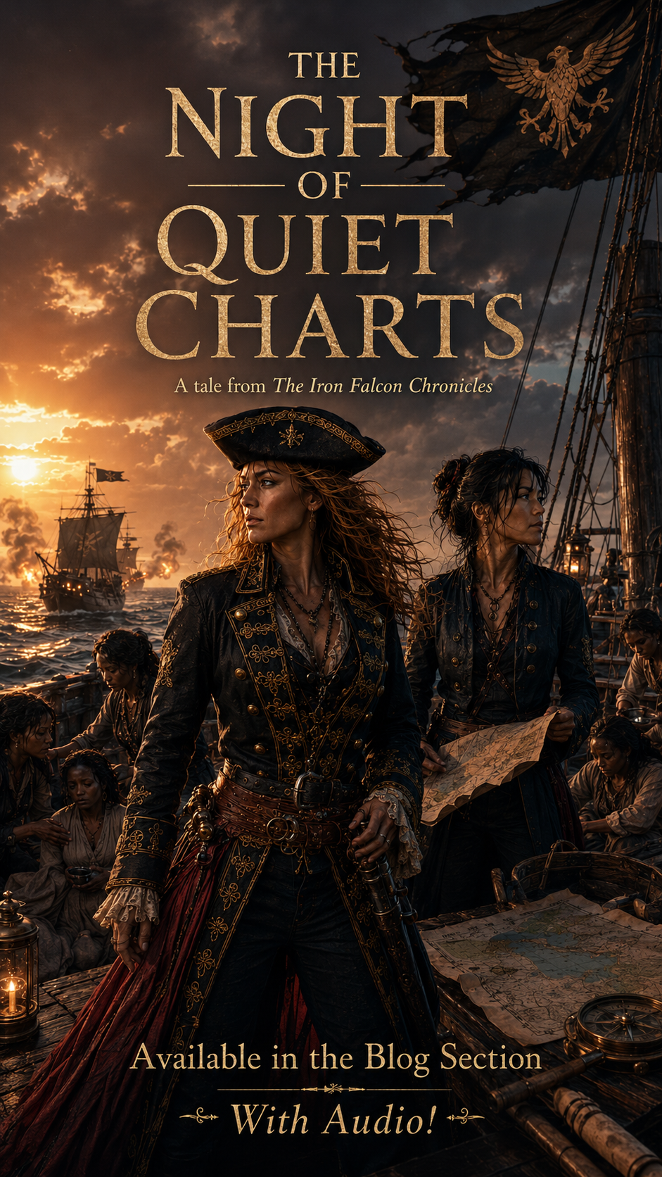 Cinematic book cover for The Night of Quiet Charts, featuring a female pirate captain standing on a pirate ship deck at dr...