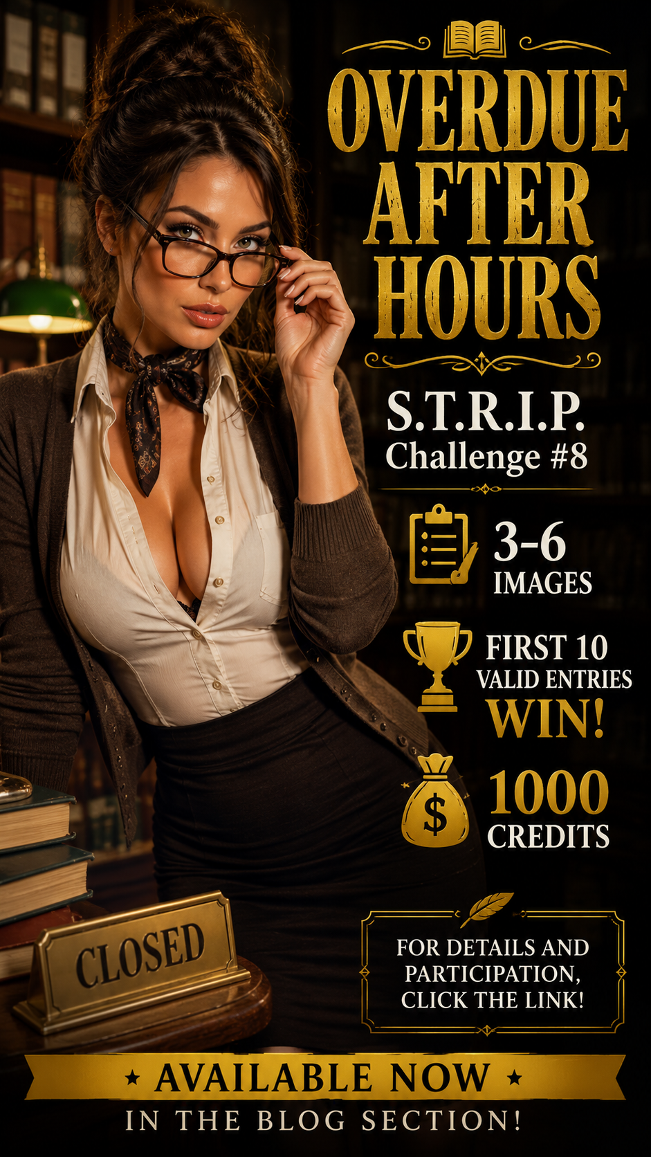 [Promotional contest banner featuring a glamorous pinup librarian in a dim vintage library, highlighting challenge prize d...