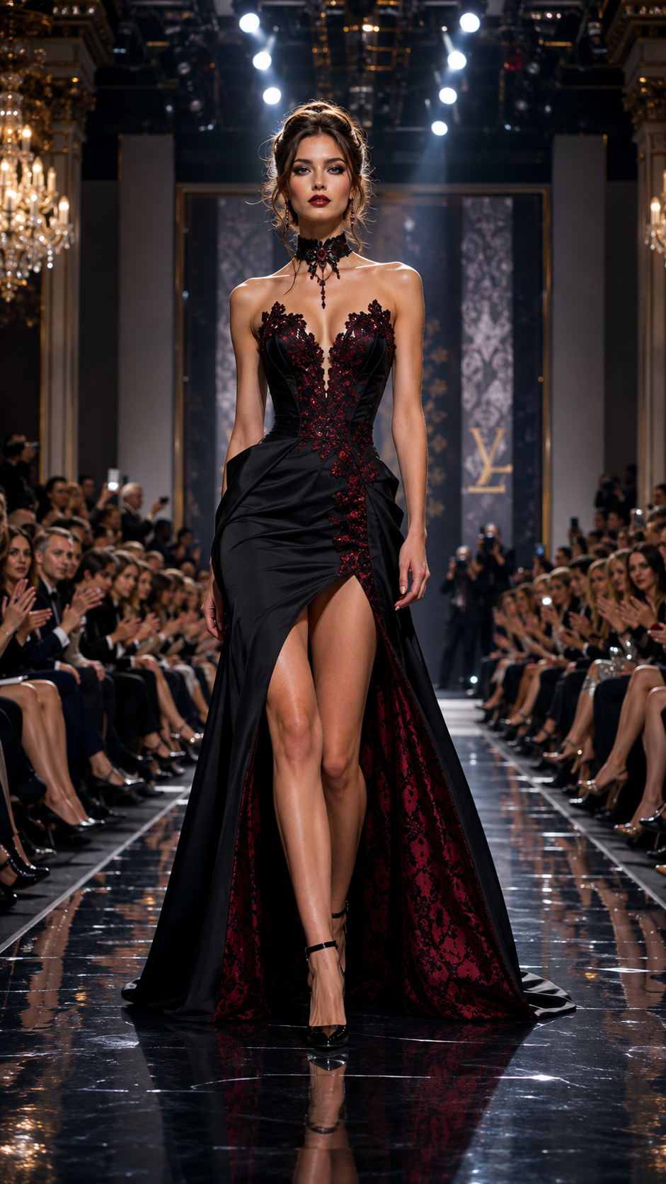 [Model walks glossy luxury runway in strapless black burgundy lace evening gown as audience claps during high fashion week...