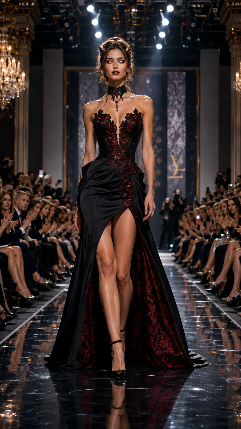 Model in dramatic black and red gothic evening gown walks glossy reflective runway at luxury couture fashion show.