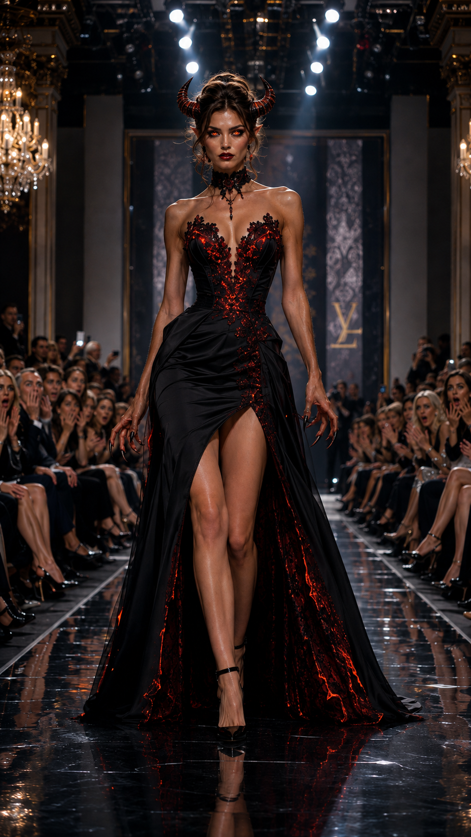 Horned demon-themed runway model walks glossy fashion runway in sequined black and red couture gown, audience watches from...