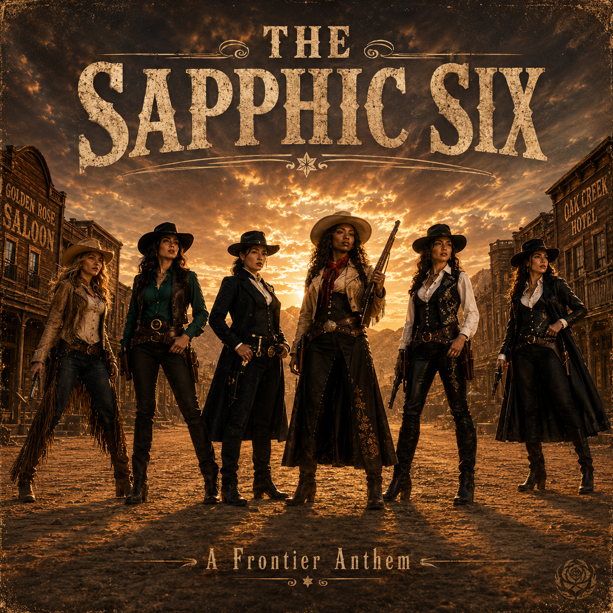 Album cover for The Sapphic Six, six armed cowgirl posse standing in a wild west town at golden sunset