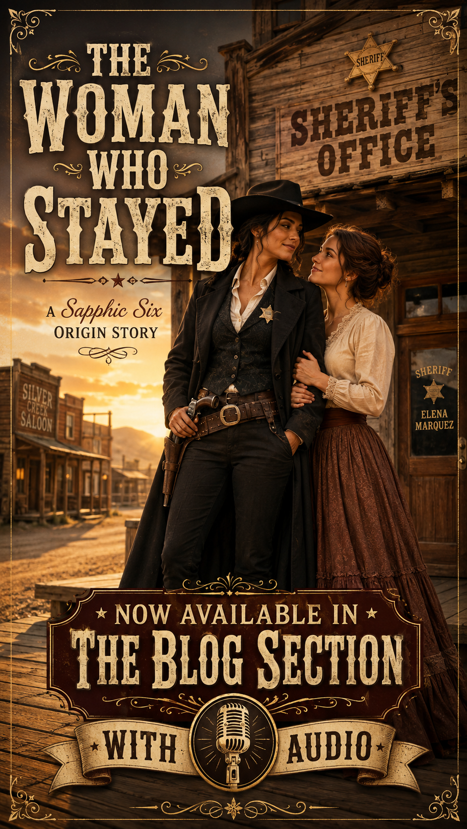 [Book cover for sapphic western story The Woman Who Stayed, showing a tender queer couple outside an old west sheriff's of...