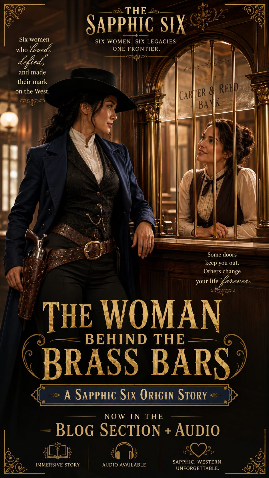 Promotional book cover for sapphic western story The Woman Behind the Brass Bars, showing two women gazing across a vintag...