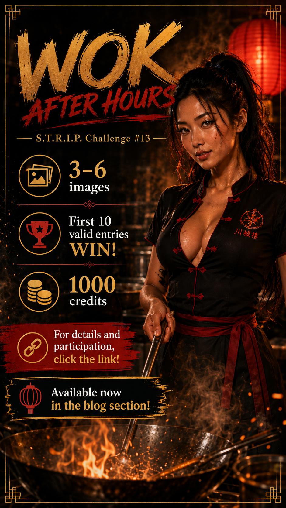 Promotional contest flyer for Wok After Hours, featuring an East Asian chef stirring a flaming wok with event prize details.