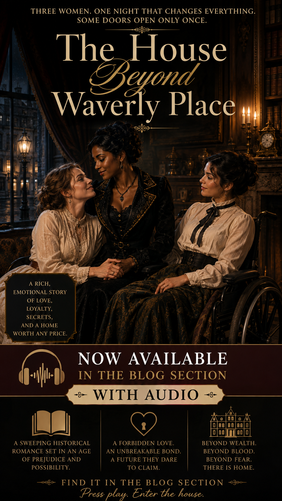 Promotional book cover for *The House Beyond Waverly Place*, featuring three 19th century women in a candlelit Victorian m...