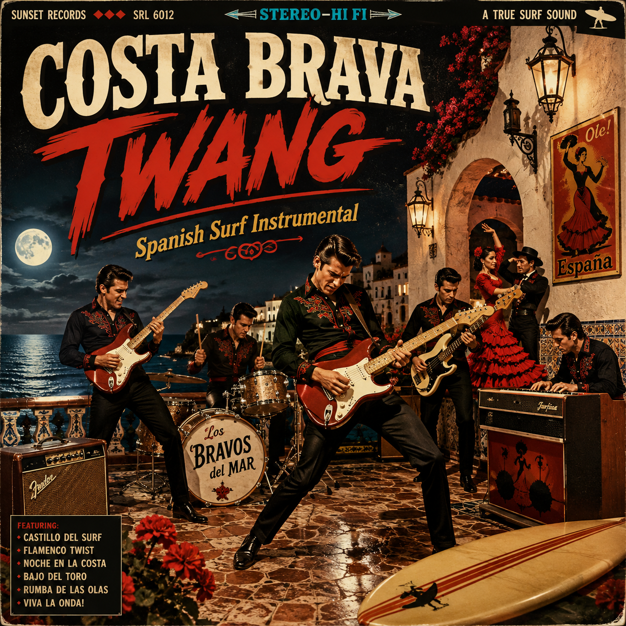 [Vintage retro vinyl album cover for Costa Brava Twang, depicting a surf rock band performing on a moonlit Spanish coastal...