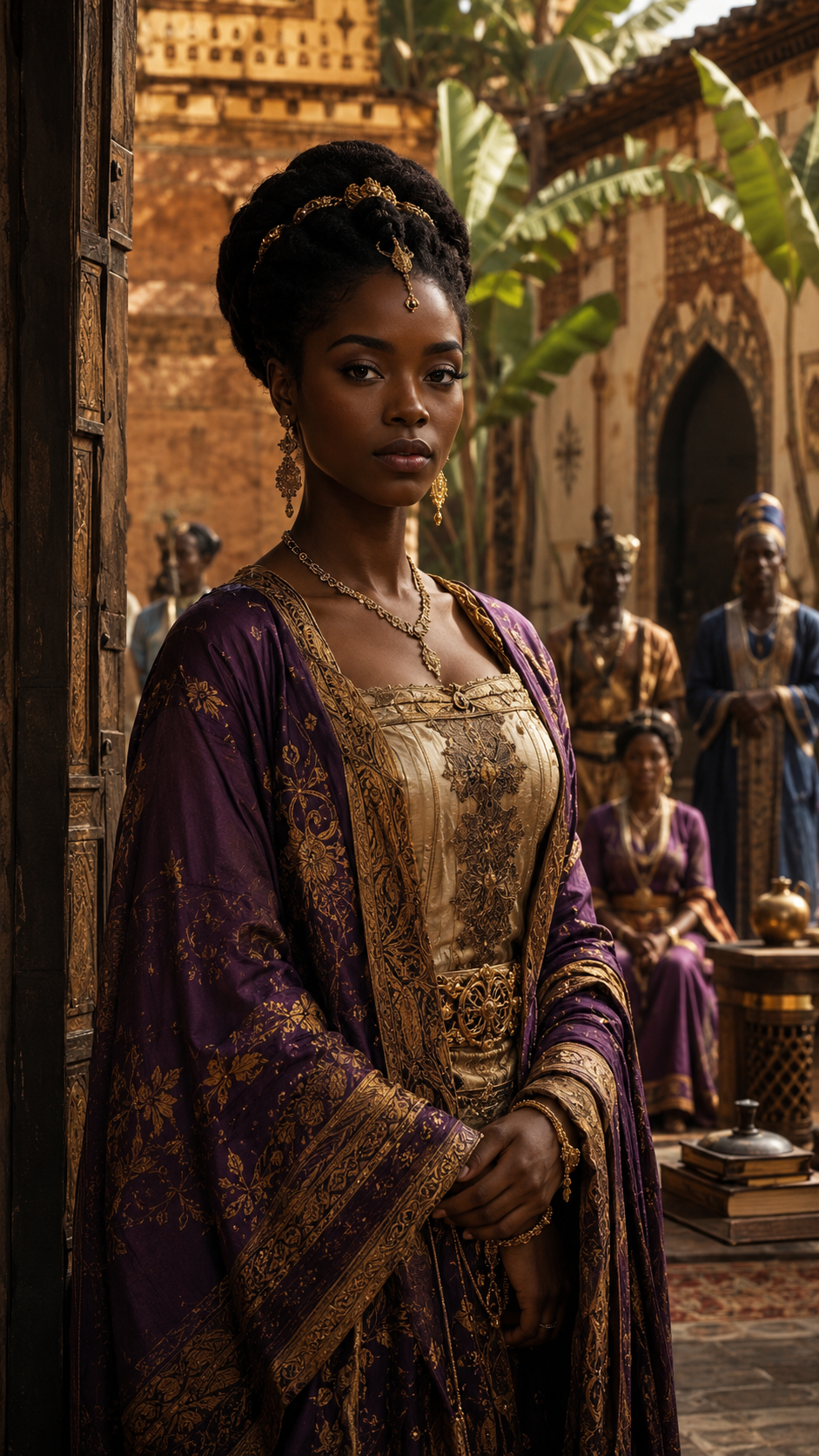 Regal Black queen in ornate purple and gold royal attire stands in a sunlit historic palace courtyard.