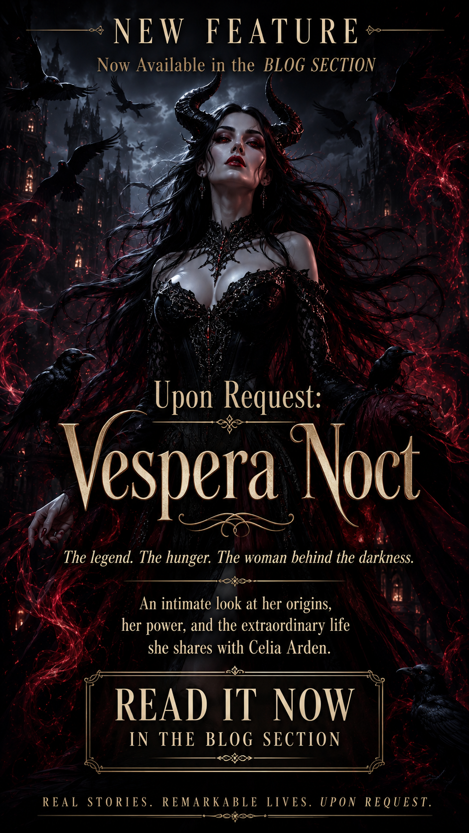 [Promotional dark fantasy graphic featuring horned gothic character Vespera Noct, ravens, gothic castle, and blog feature ...