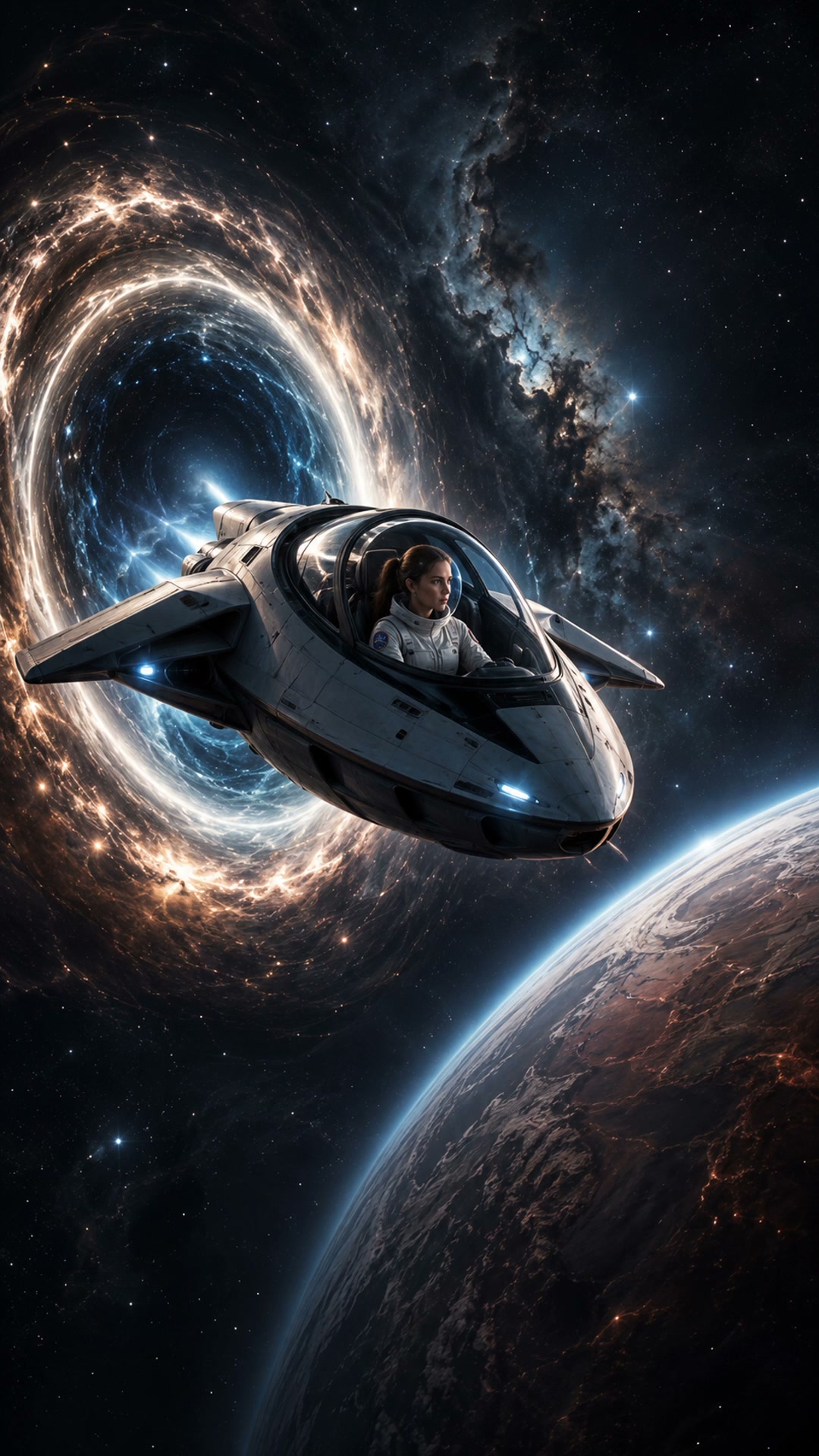 Female astronaut piloting a futuristic spacecraft near a glowing wormhole above an alien planet i...