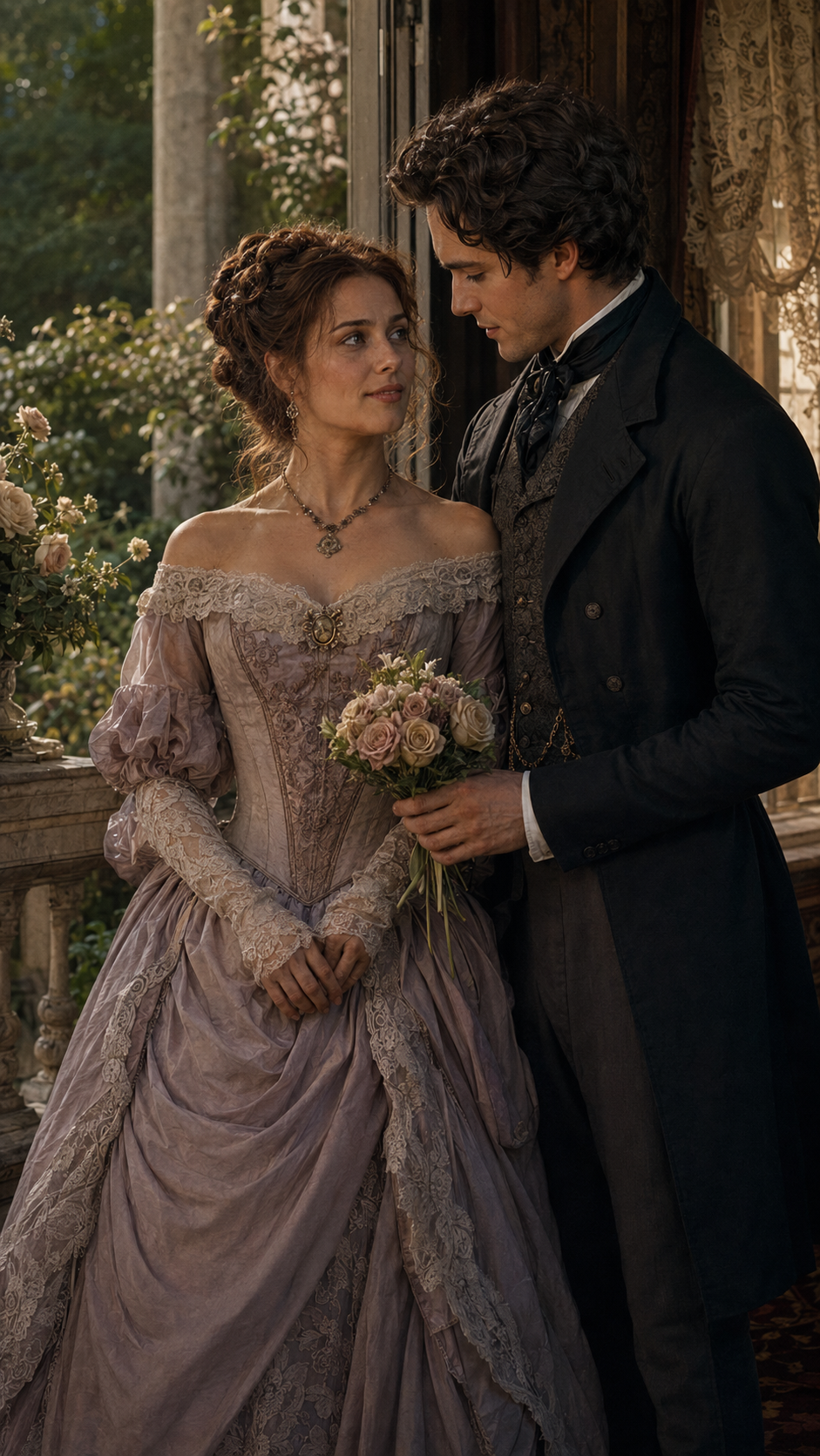 Tender Victorian couple in formal period attire share an intimate moment on a sunlit garden balcony holding a rose bouquet.