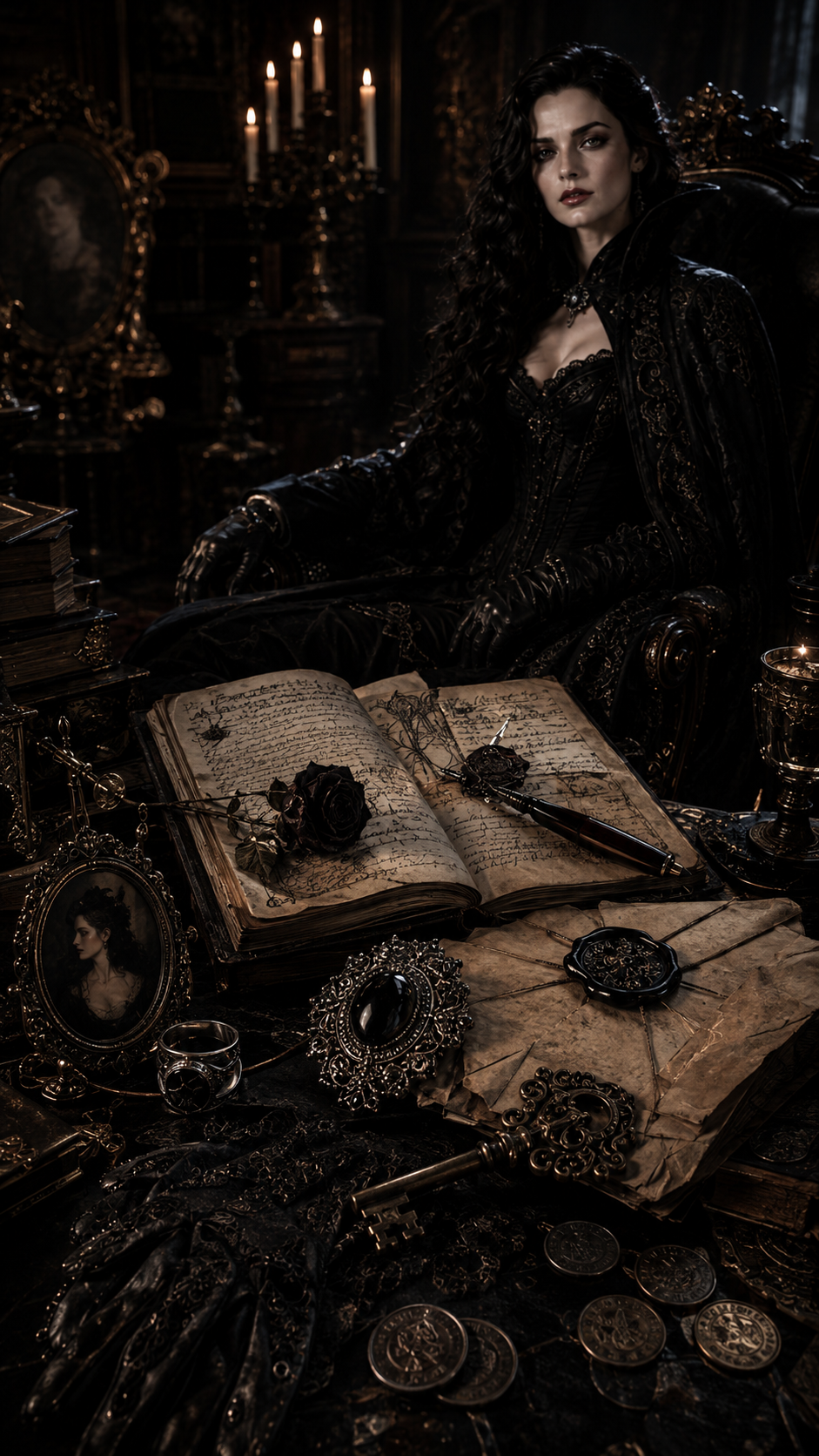 [Regal gothic noblewoman in ornate black lace sits behind a candlelit table stacked with an antique grimoire, black rose, ...