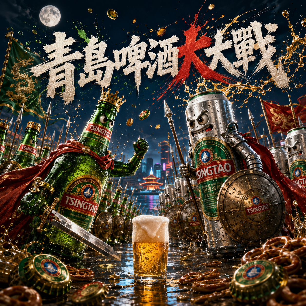 Anthropomorphic armored Tsingtao beer bottle and can armies face off in a playful fantasy beer battle under a full moon.