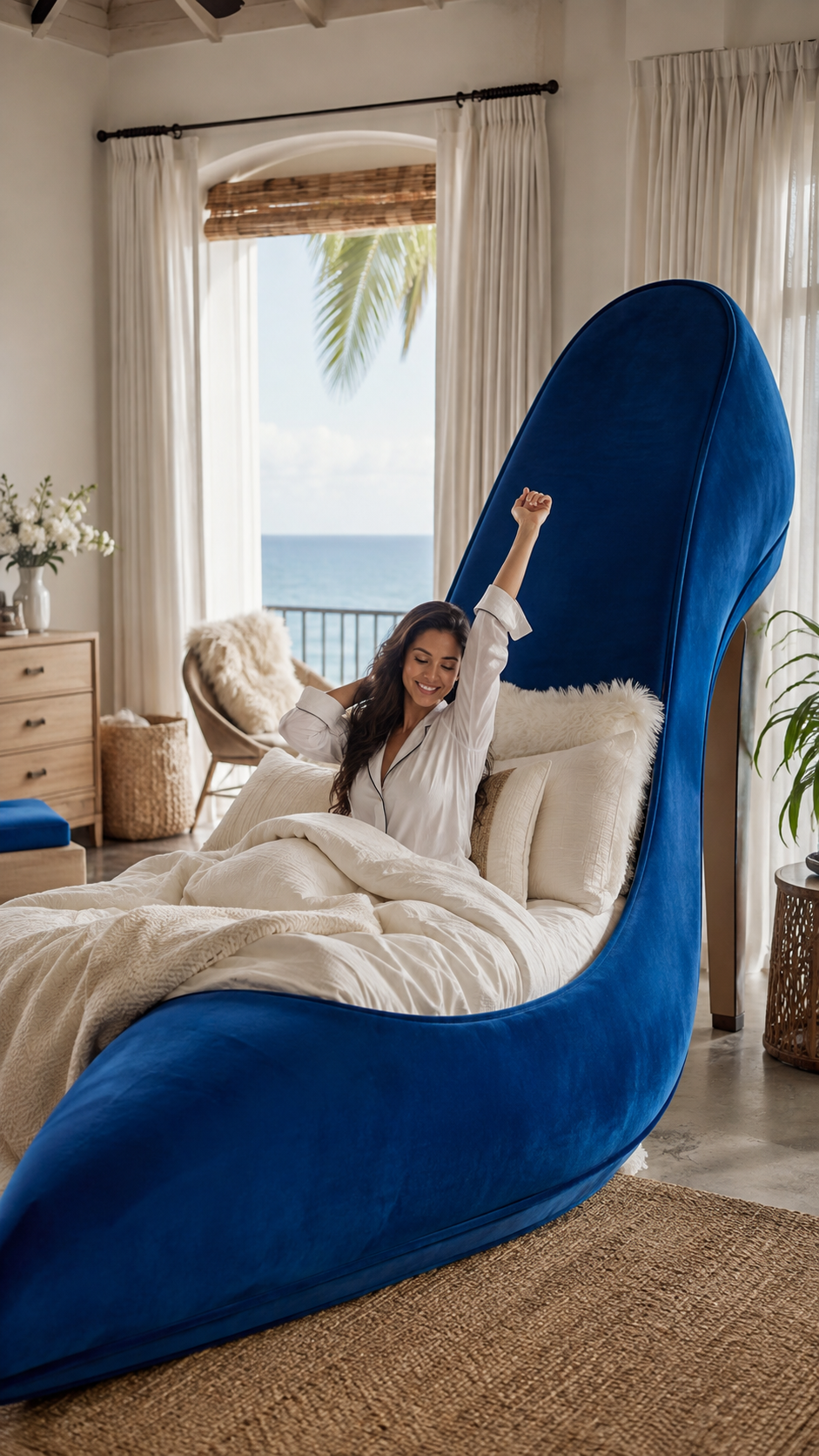 Smiling woman stretches awake in a whimsical royal blue high-heel shaped bed in a bright oceanfront tropical bedroom.