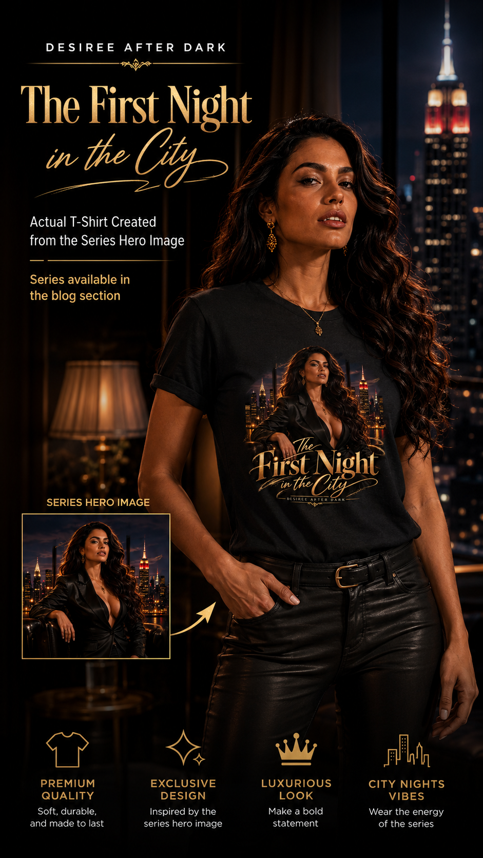 [Promo graphic for luxury "The First Night in the City" graphic t-shirt, modeled against a glowing nighttime NYC skyline b...