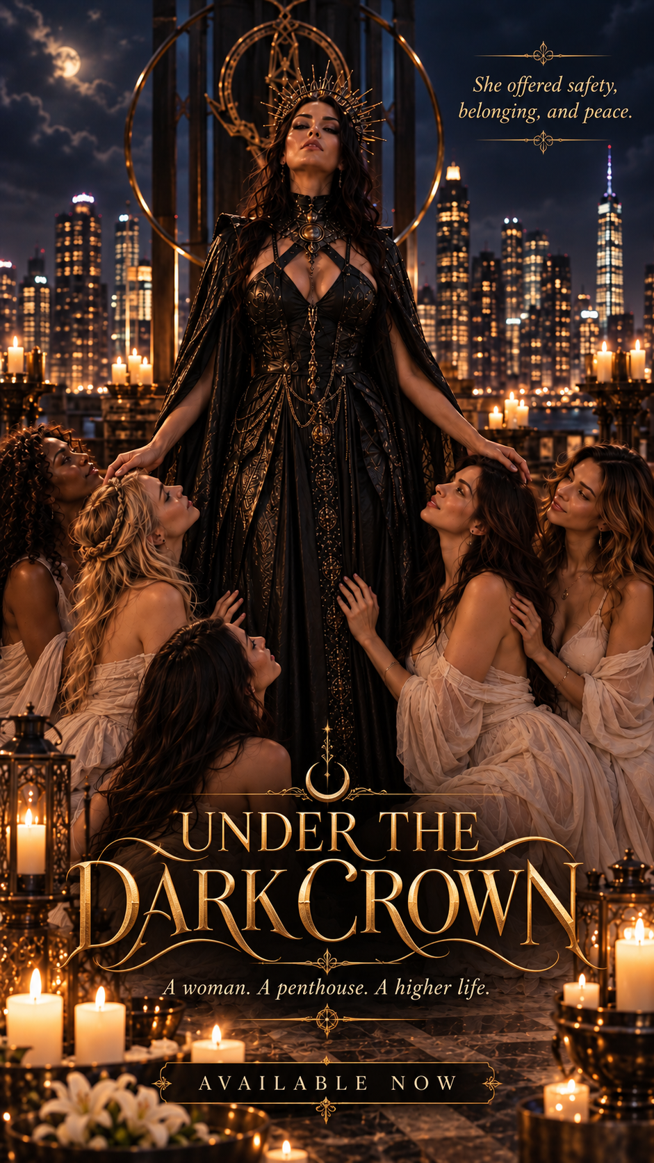 Regal crowned dark queen stands over adoring women on a candlelit penthouse rooftop at night