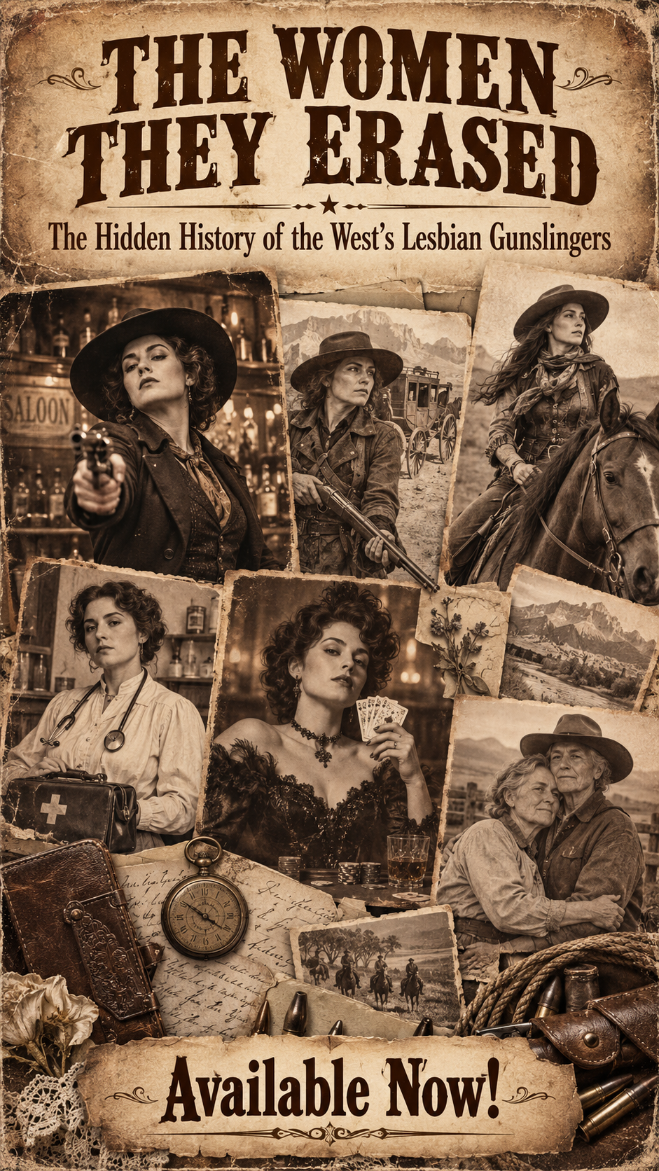 Aged vintage collage poster covering the hidden erased history of old west lesbian gunslingers