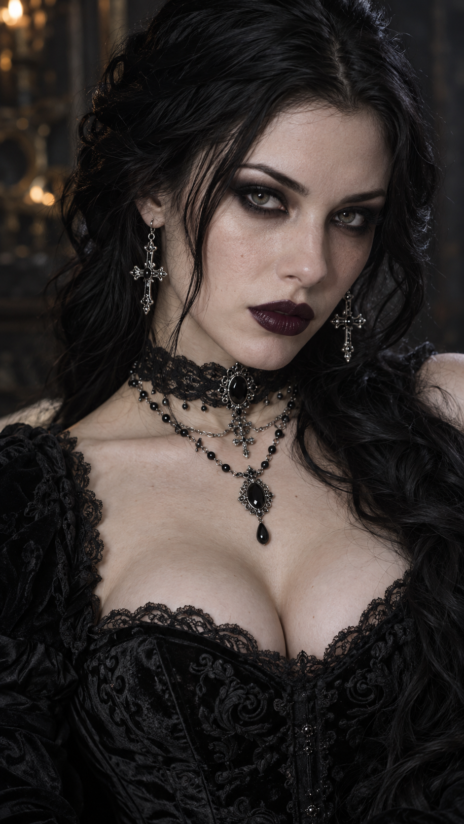 Gothic woman in an ornate black lace corset wears cross jewelry while gazing intently at the viewer