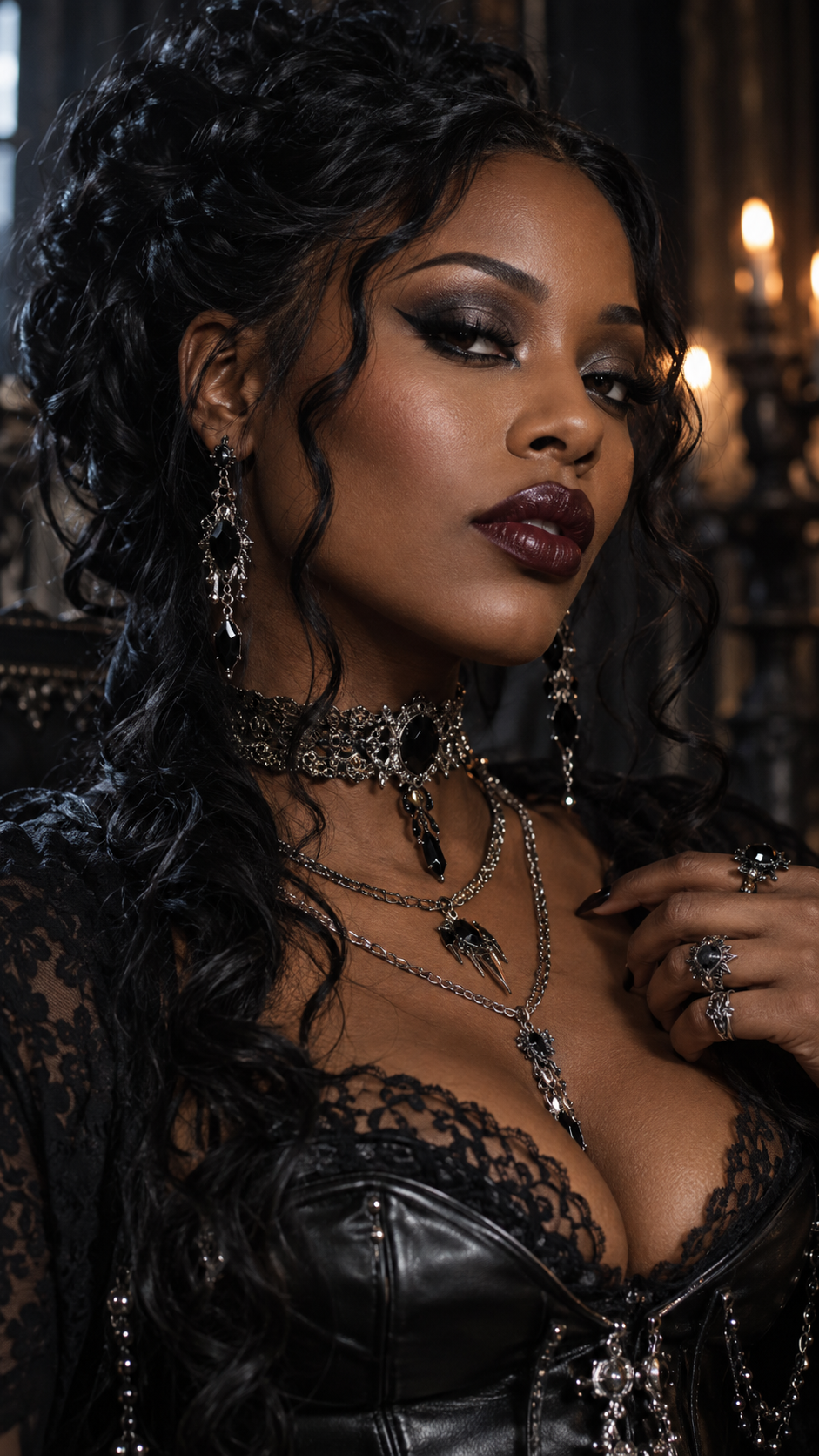 Regal gothic Black woman wears ornate onyx jewelry and lace leather corset in a candlelit interior