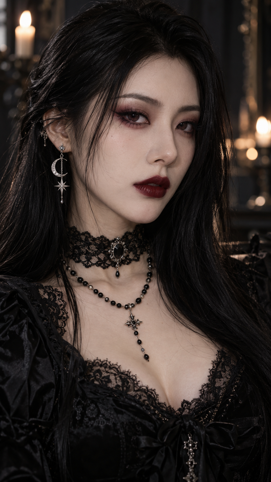 Gothic woman with dark makeup wears black lace and occult silver jewelry in a dim candlelit interior