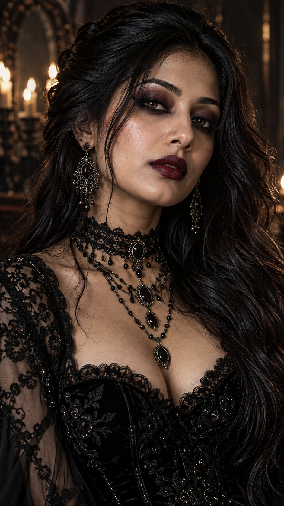 Gothic portrait of a South Asian woman wearing black lace and ornate dark gemstone jewelry in candlelit surroundings