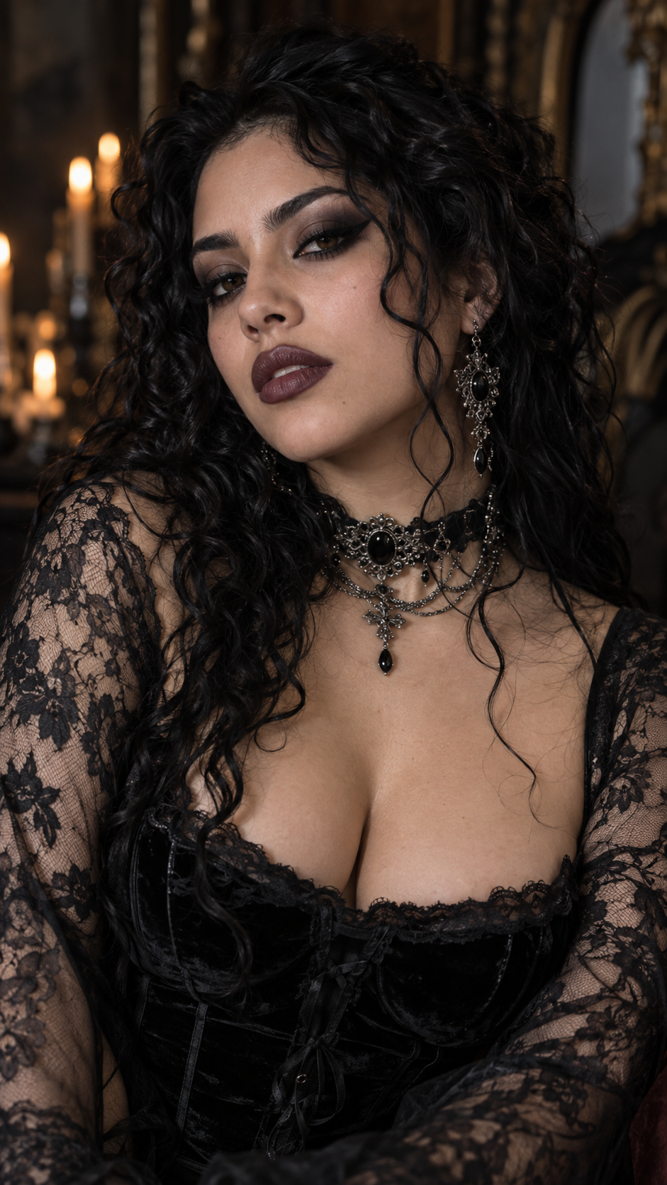 Gothic woman with curly black hair poses in black lace and onyx jewelry by candlelight