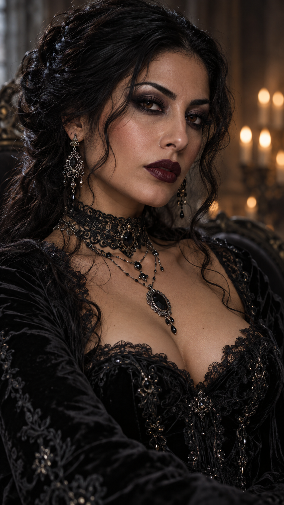 Close-up portrait of a regal gothic noblewoman in a black lace velvet gown with ornate dark jewelry