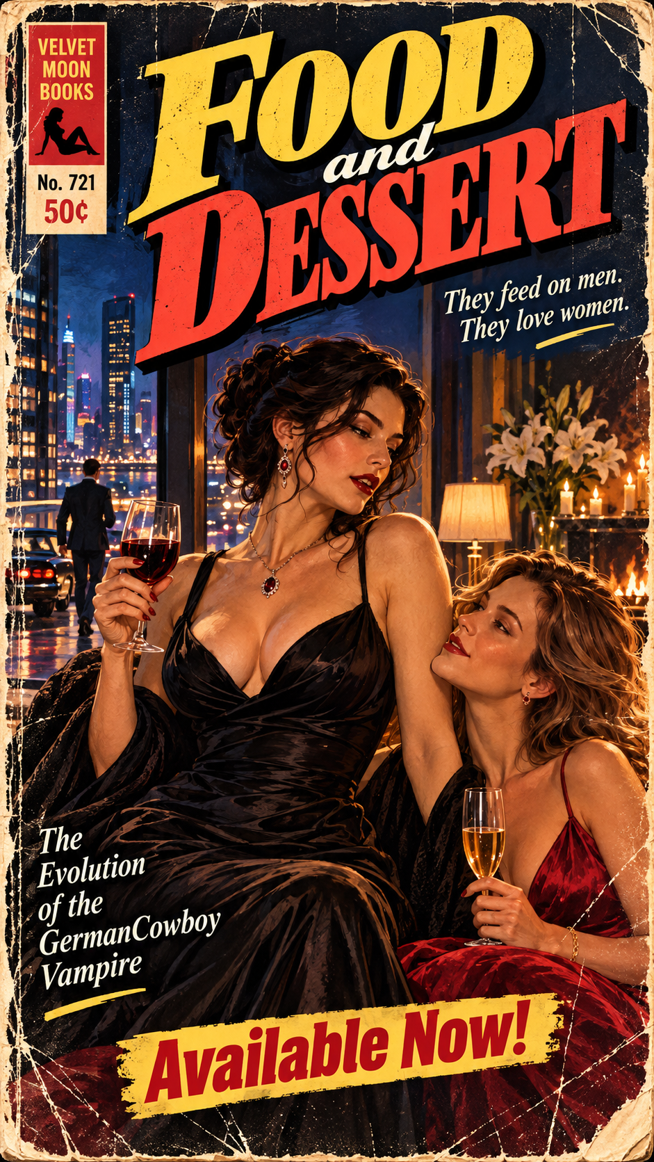 Vintage pulp fiction book cover for Food and Dessert showing two glamorous women holding wine glasses against a night city