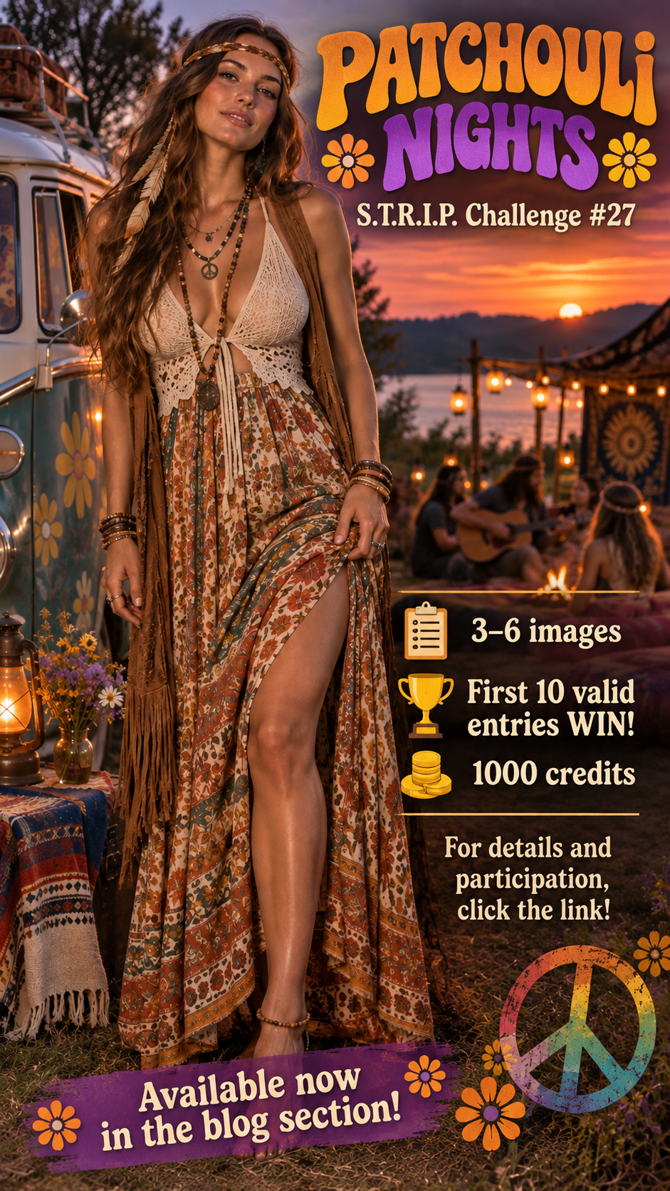 Promotional graphic for the Patchouli Nights art challenge featuring a boho woman at a sunset lakeside campsite