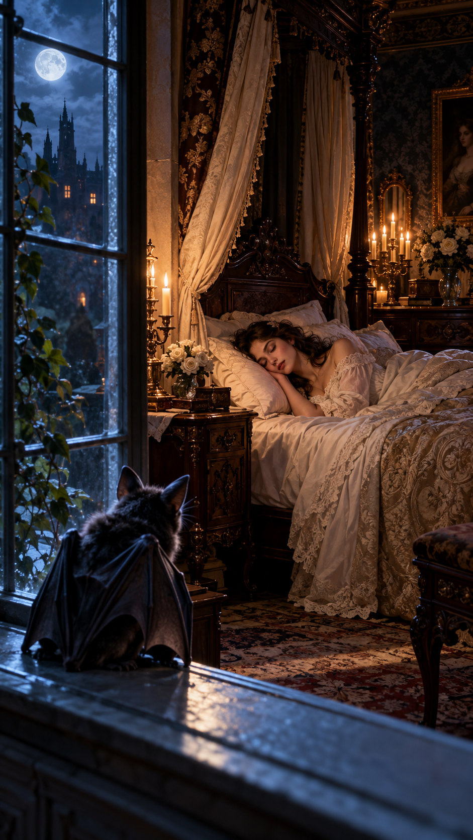 A furry bat-winged hybrid creature perches on a windowsill watching a sleeping woman in a moonlit gothic castle bedroom