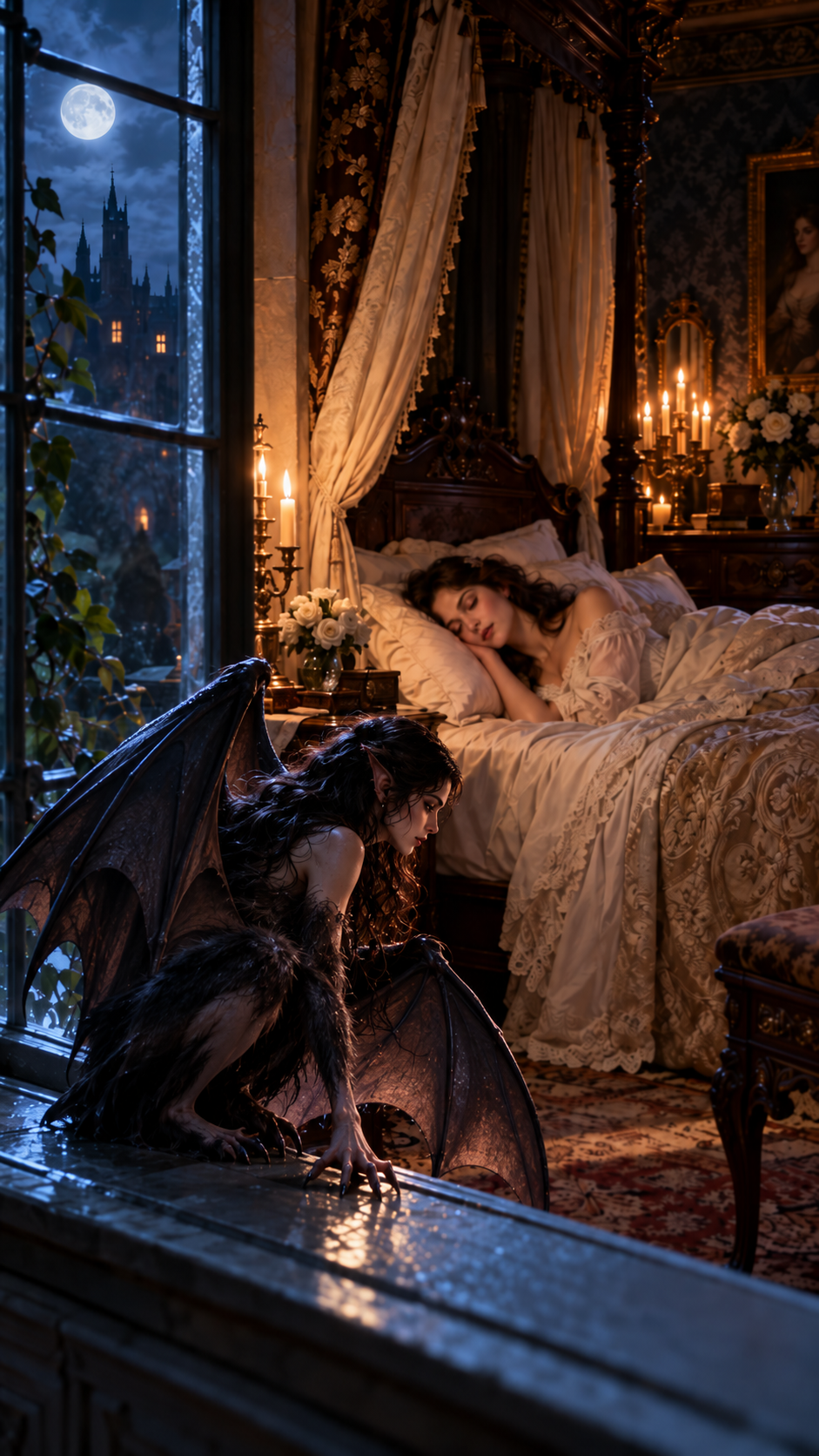 Bat-winged gothic creature perches on a windowsill watching a sleeping woman in a moonlit castle bedroom