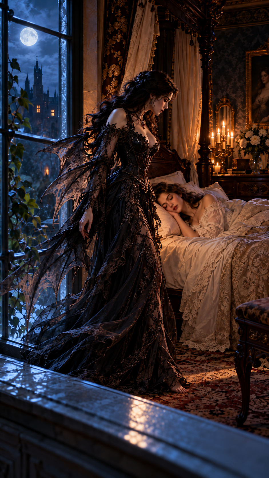 Winged gothic fae woman stands watching a sleeping woman in a moonlit ornate castle bedroom