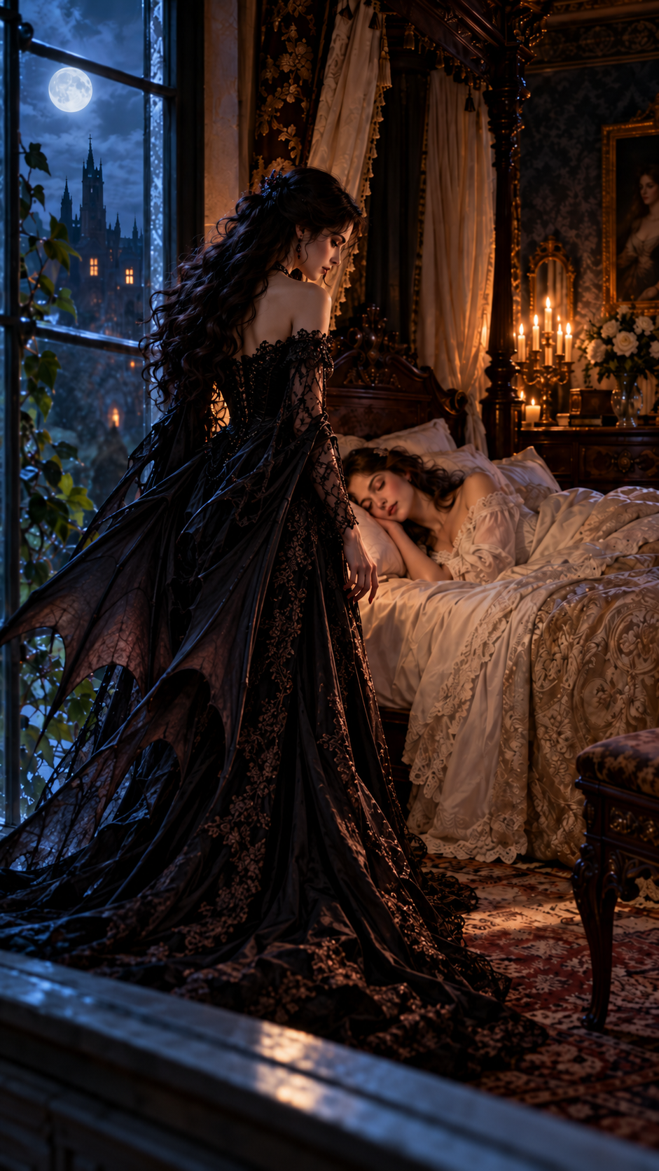 Woman in an ornate black gown stands beside a sleeping woman in a moonlit gothic castle bedroom