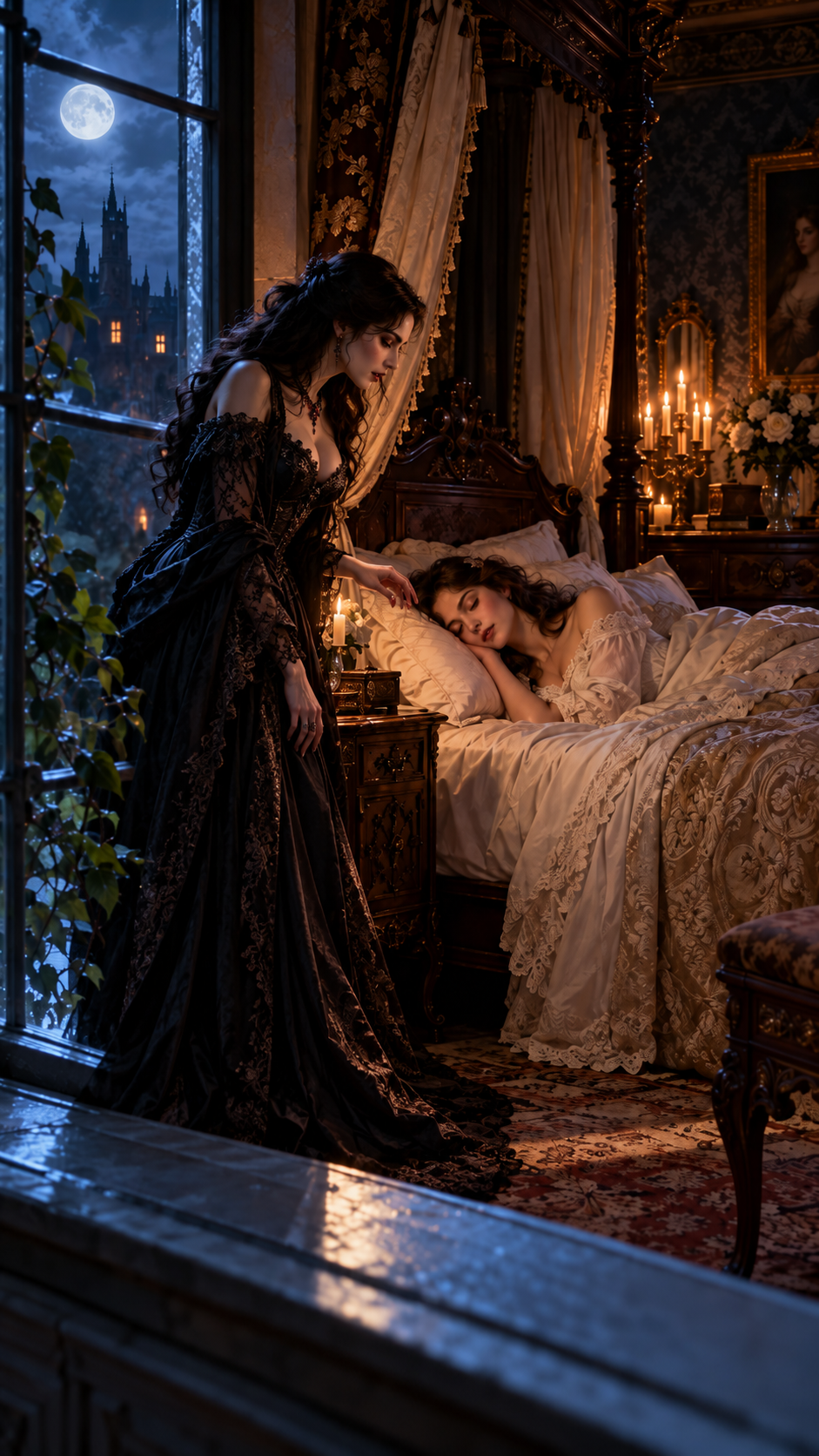 Woman in black gothic gown leans over a sleeping woman in a moonlit candlelit castle bedroom