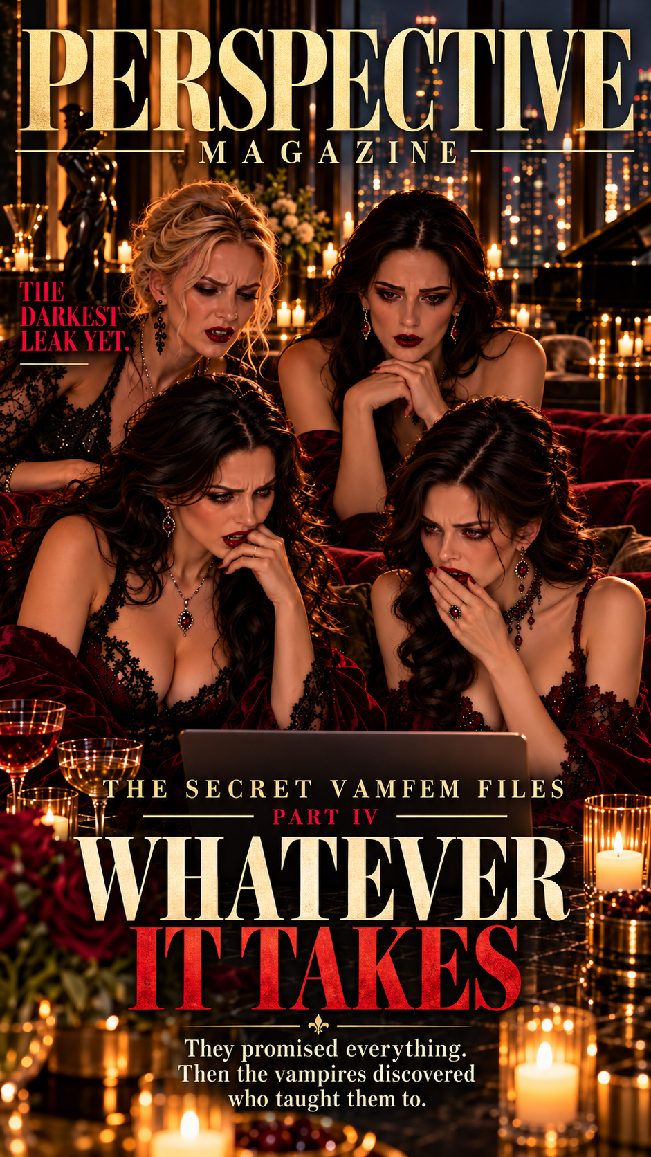 Paranormal fiction magazine cover showing four concerned vampire women gathered around a laptop in a candlelit luxury