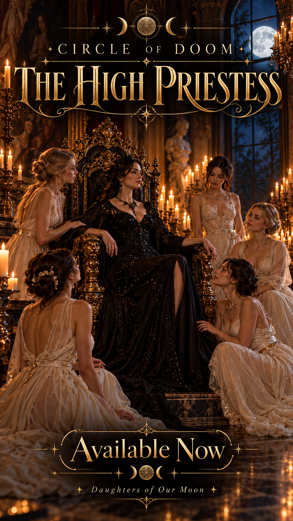 Fantasy book cover of a regal high priestess seated on a gilded throne surrounded by attendants in a candlelit moonlit palace
