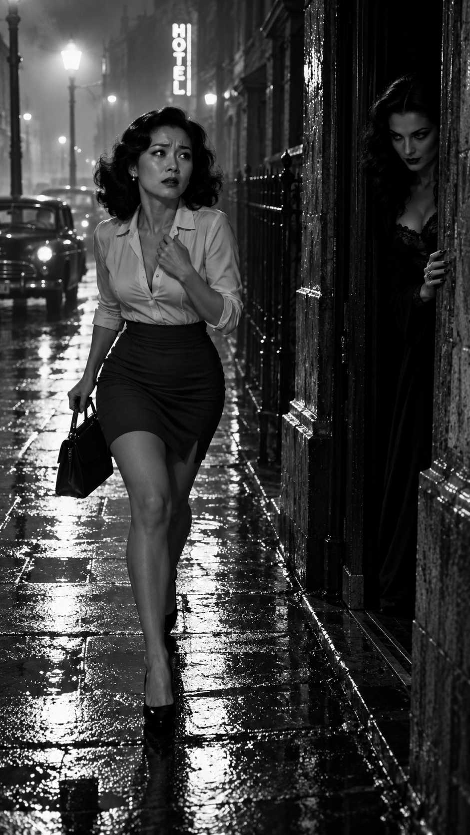 Anxious woman hurries down a rain-soaked 1940s city street while a mysterious woman watches from a doorway