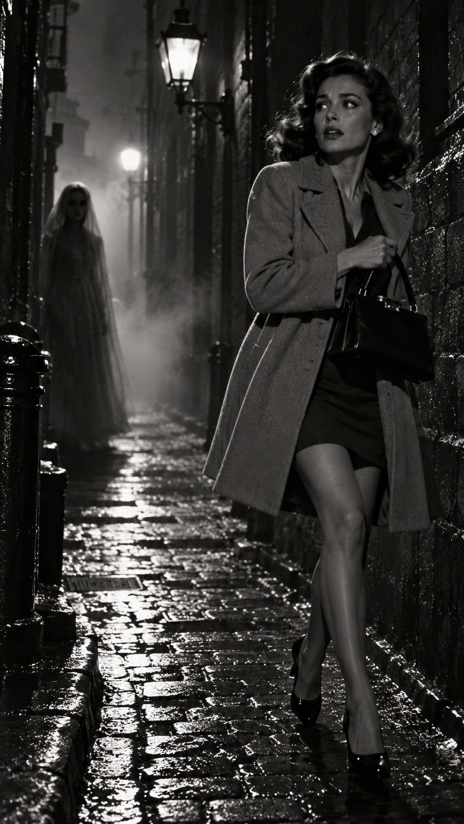 Anxious woman glances over her shoulder as a ghostly veiled figure follows her down a foggy wet city alley