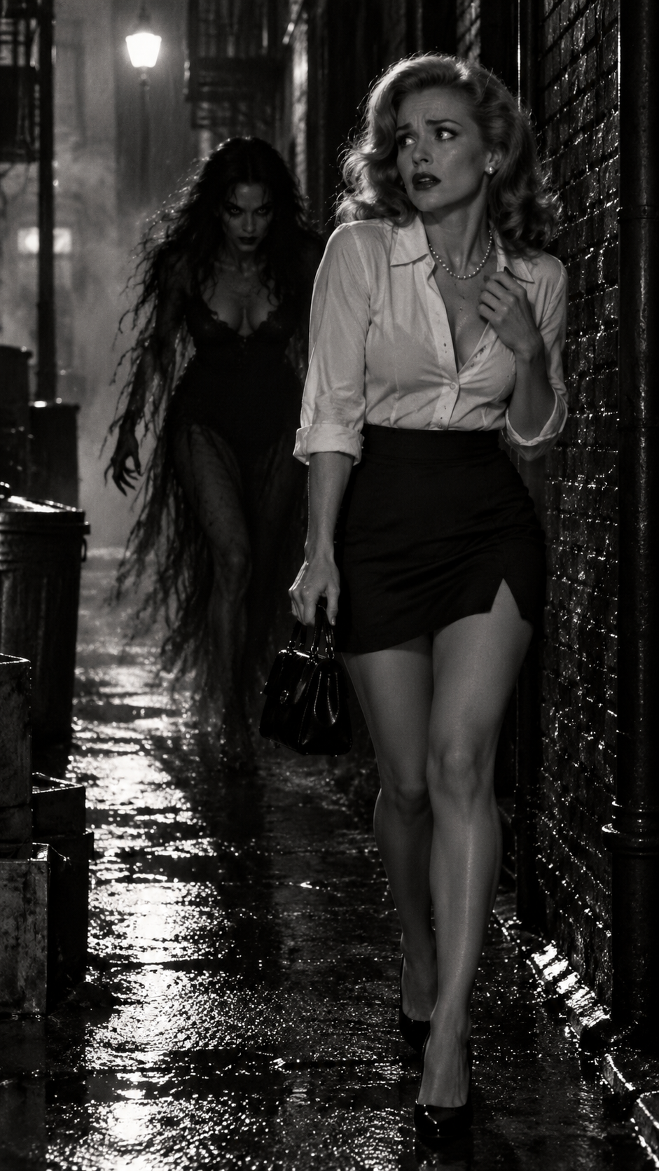 Frightened vintage woman is stalked by a ghostly figure down a wet dark city alley at night