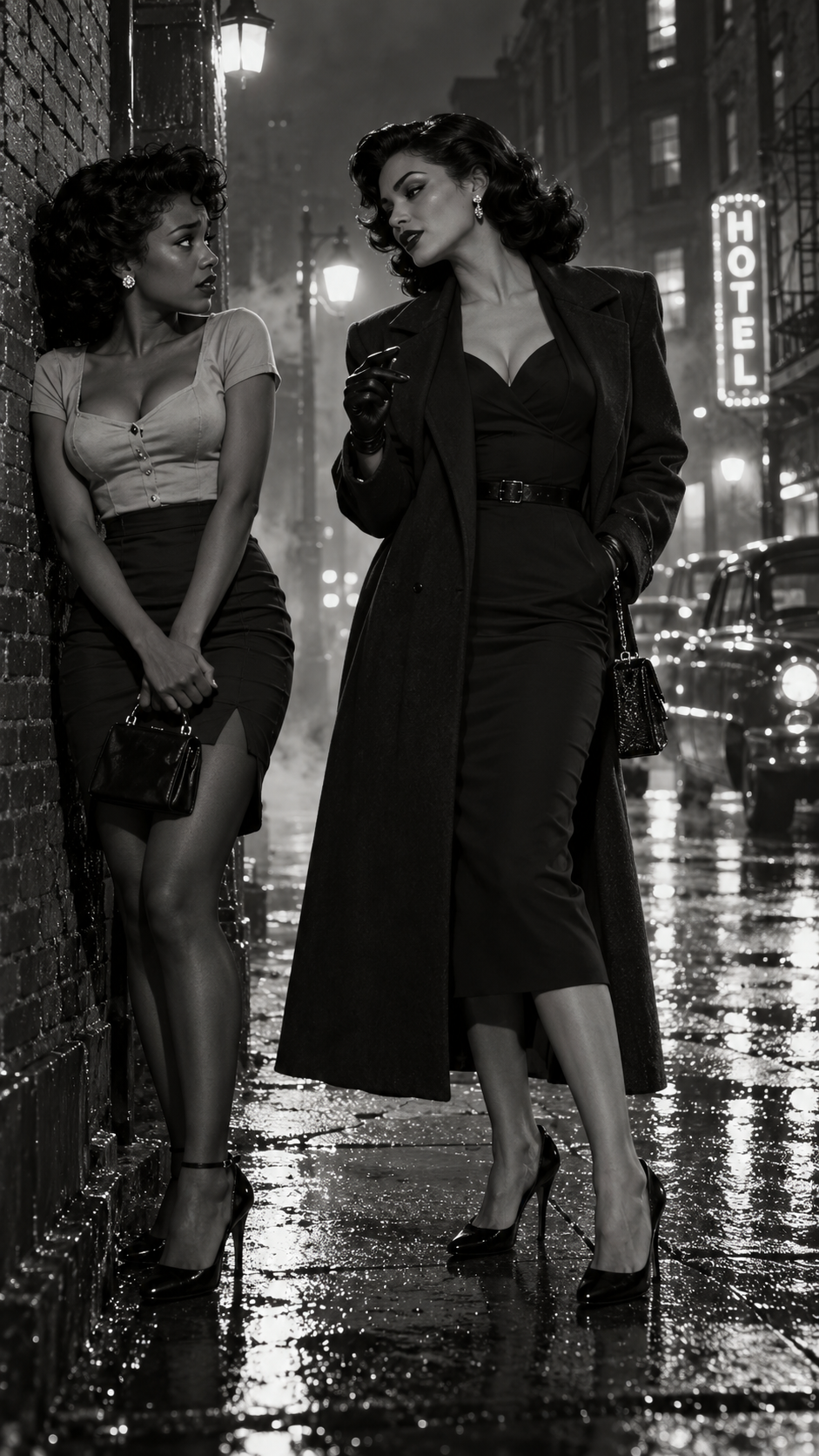 Two glamorous retro women stand on a rain-slicked 1940s city street at night in a noir scene