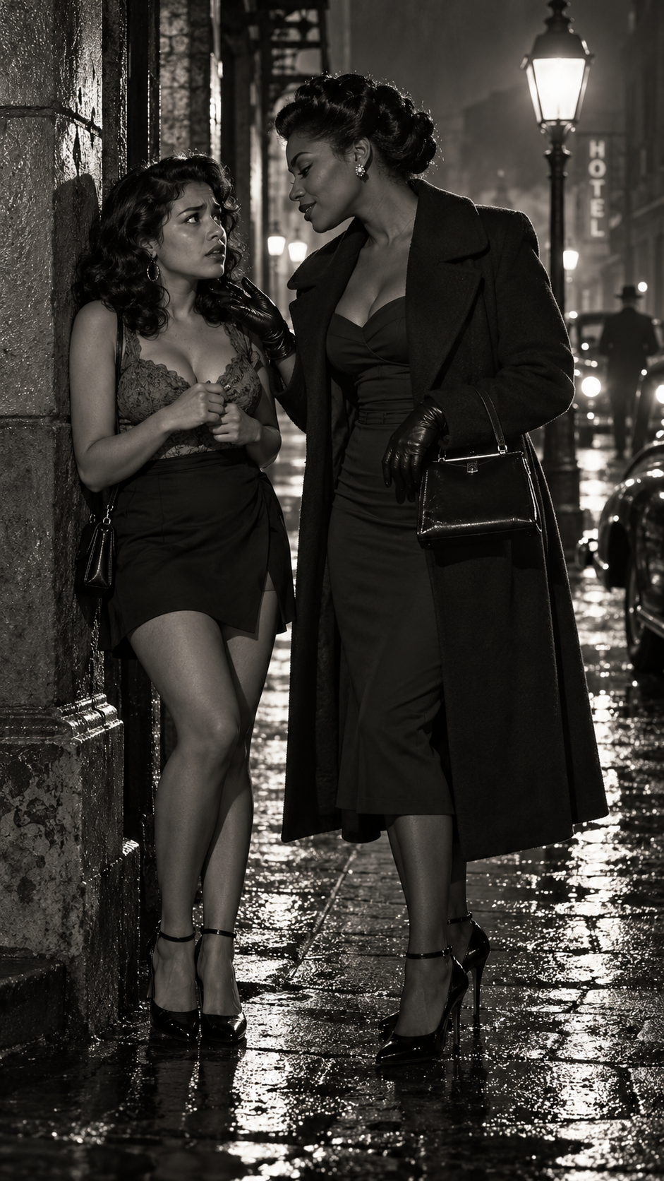 Two women in vintage noir attire converse on a wet rain-slicked city sidewalk at night