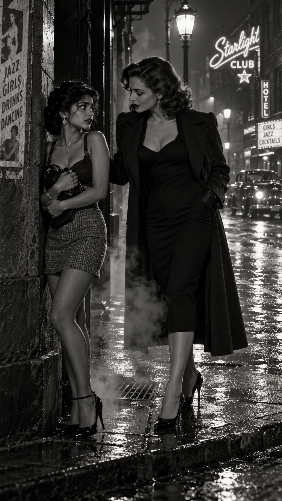 Two women in vintage noir styling converse on a rain-slicked 1940s city street at night