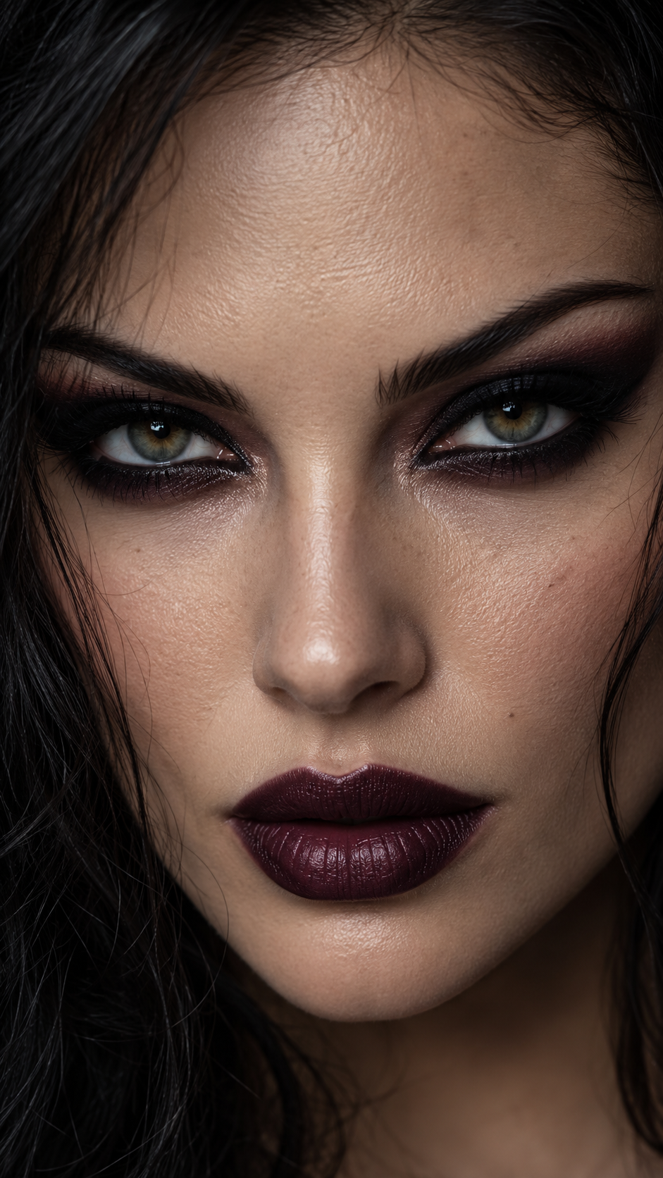 Close-up studio portrait of a woman with dramatic dark gothic makeup and deep burgundy lipstick