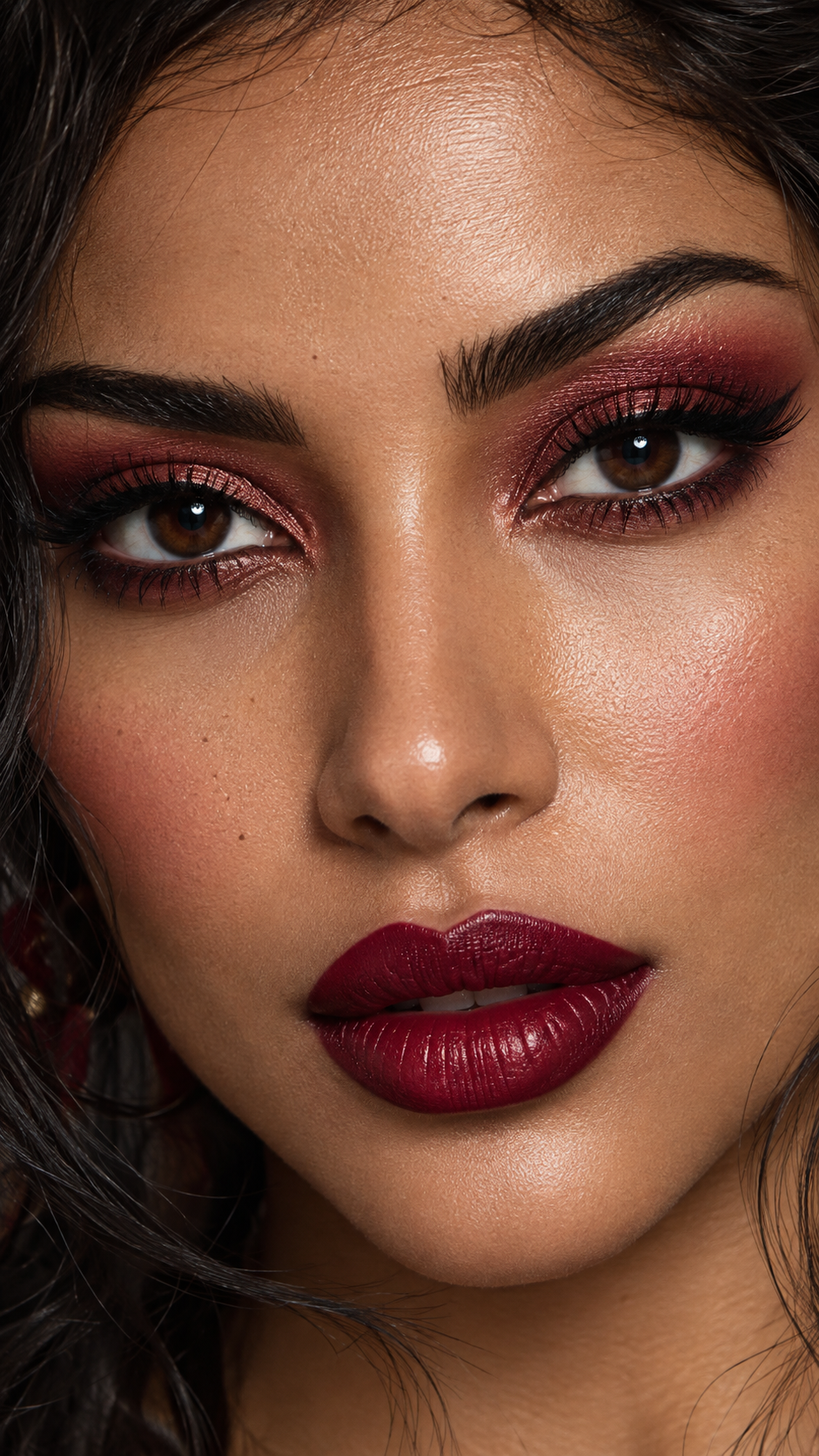 Close-up beauty portrait of a woman with dramatic monochrome burgundy makeup