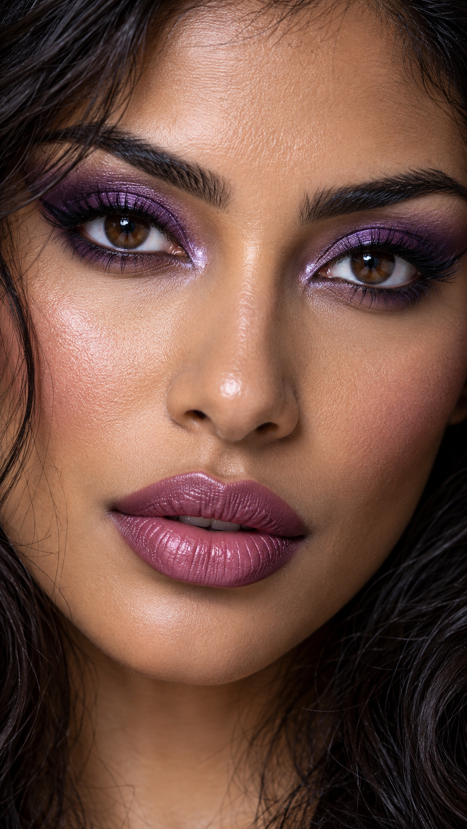 Close-up beauty portrait of a woman wearing bold purple eyeshadow and glossy mauve lipstick