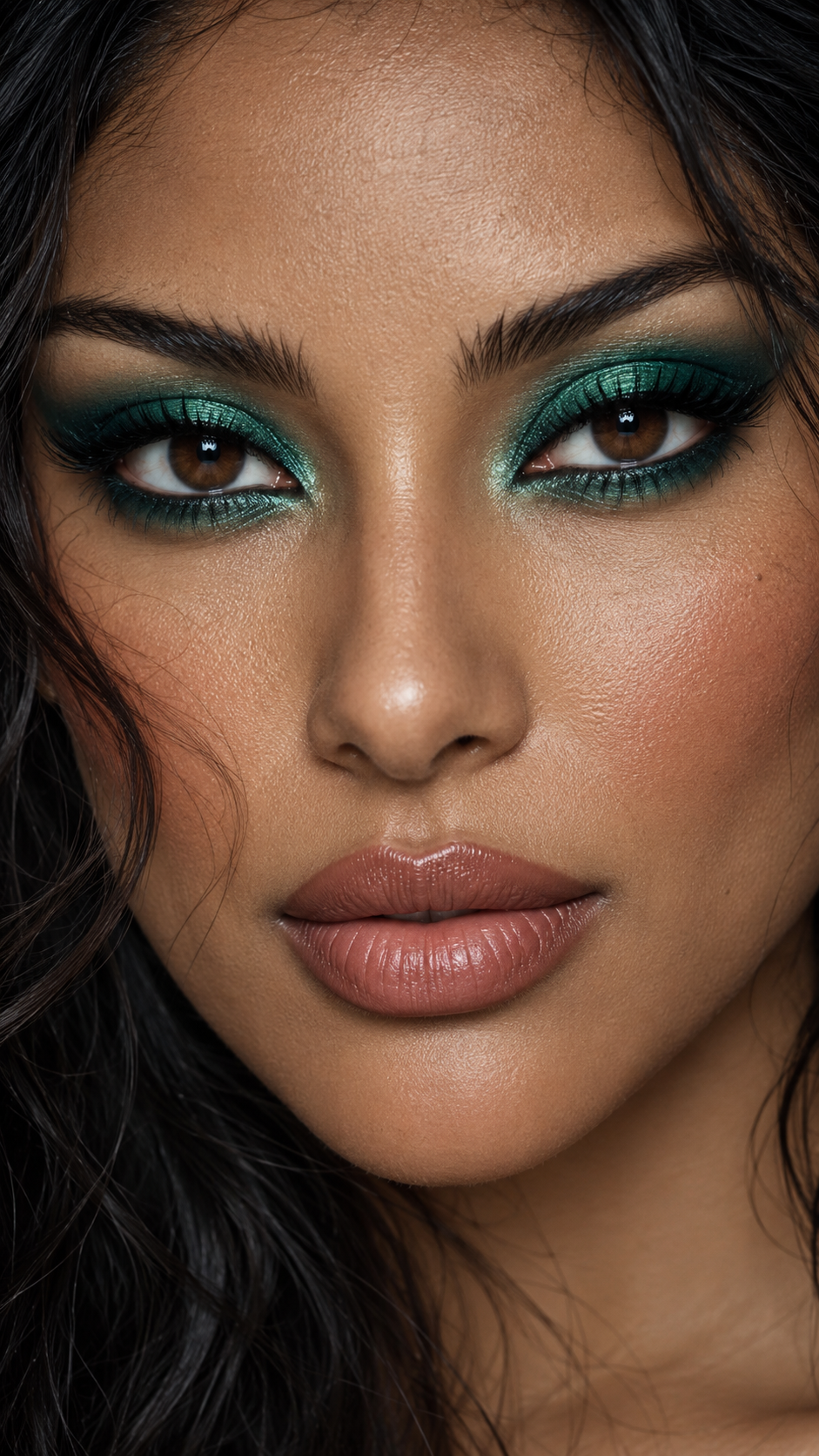 Close up beauty portrait of a woman wearing bold shimmery emerald green eyeshadow and soft neutral makeup