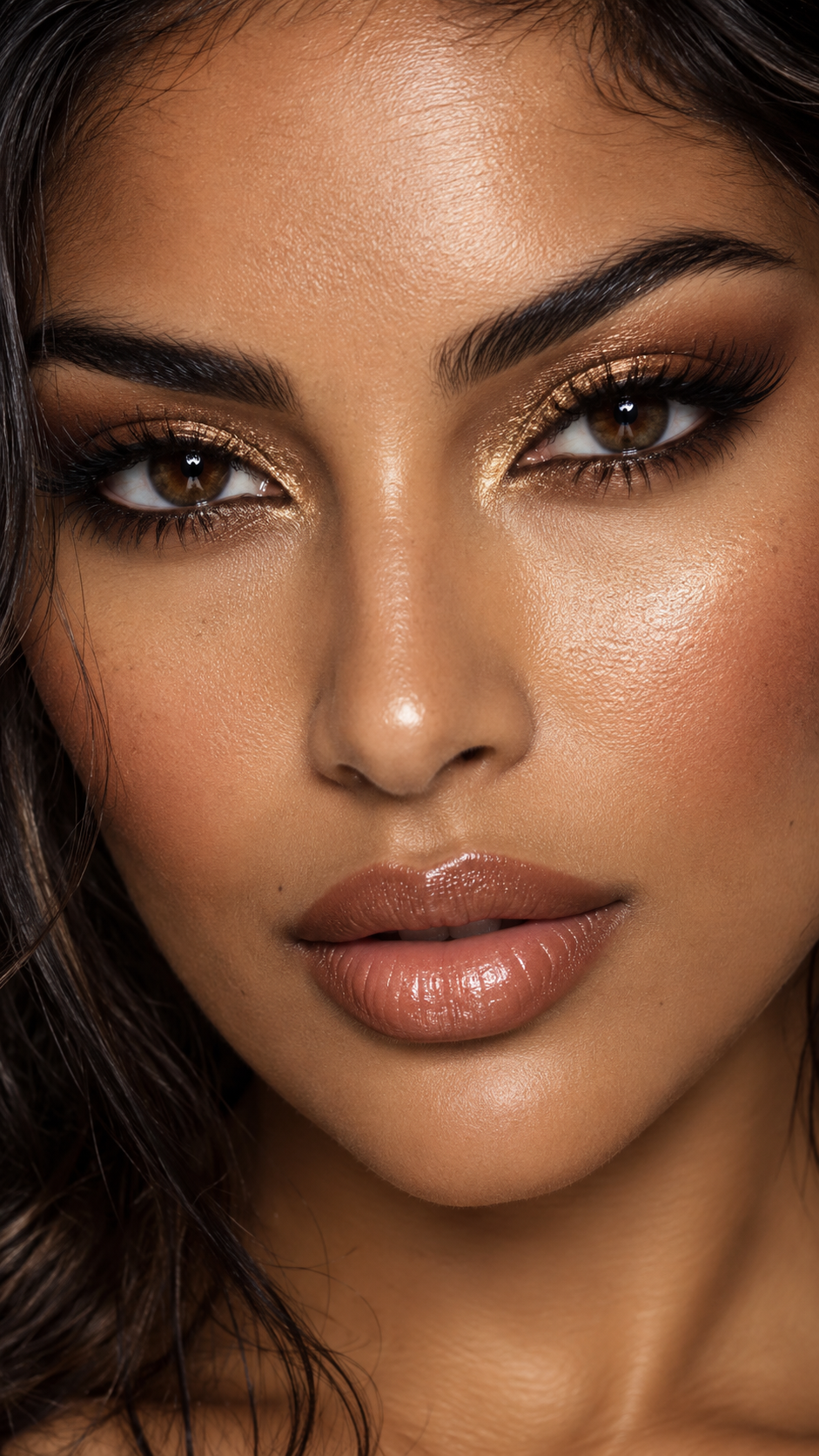 Close up portrait of a woman with glowing dewy skin and shimmery warm gold eye makeup